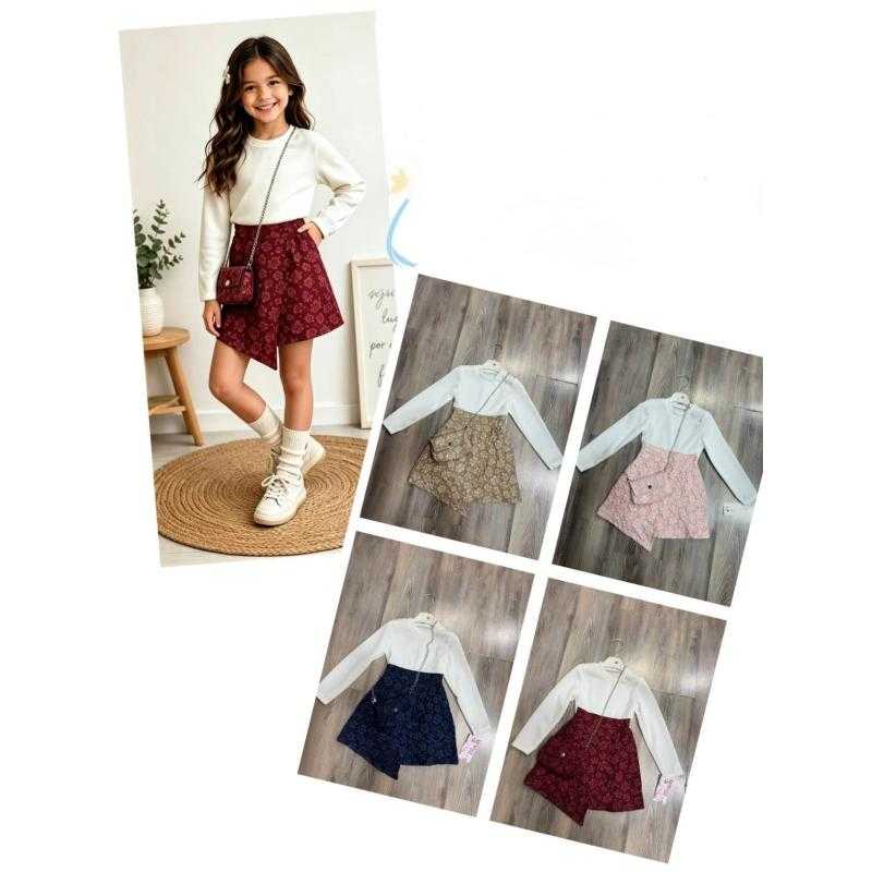 Pack of 6 – girl's Long-Sleeve Top and Asymmetric Floral Skort Set with Matching Bag
