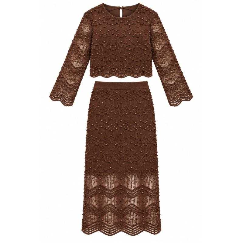 Lot de 6 – Ensemble crop top et jupe midi en dentelle perlée