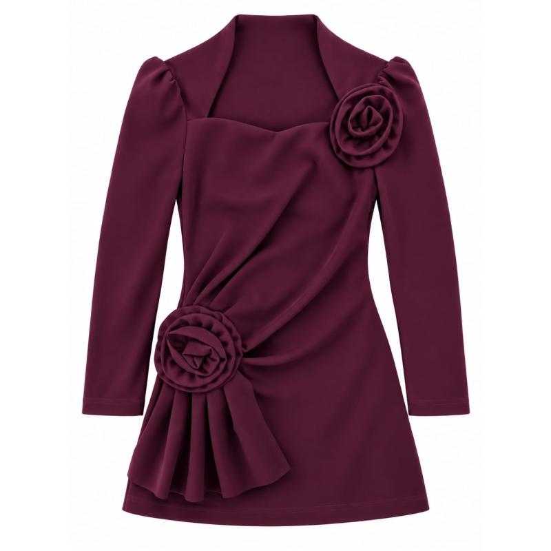 Lot de 6 – Robe élégante à manches longues et détails de fleurs en relief M628