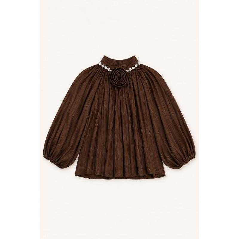 Lot de 6 – Blouse plissée à col montant et fleur 3D