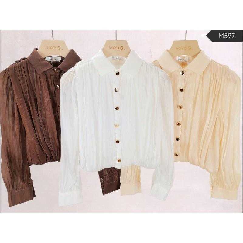 Lot de 6 – Chemisier plissé à col chemise et boutons dorés