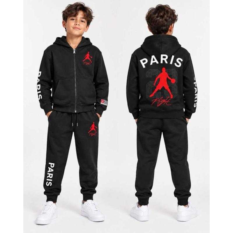 Lot de 12 – Ensemble de survêtement zippé à capuche avec inscription Paris Flight