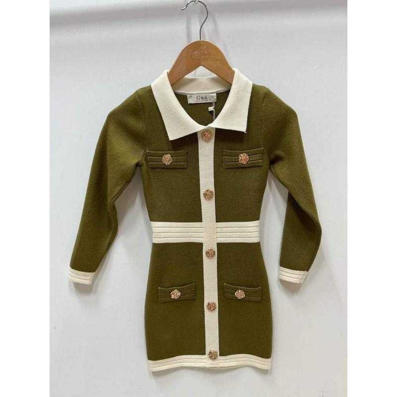 Lot de 6 – Robe pull en maille bicolore à col polo et boutons dorés