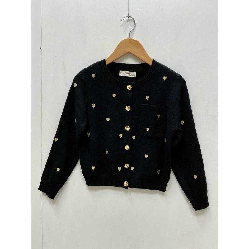 Lot de 6 – Gilet en maille à motifs cœurs dorés, col rond et boutons bijoux