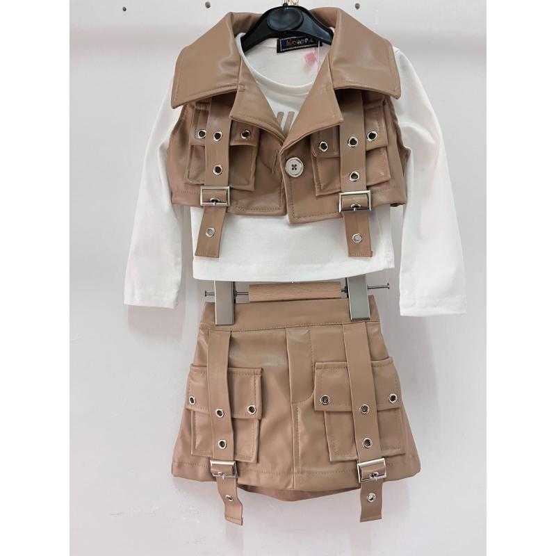 Set van 6 – 3-delige set met kunstleren gilet, top en cargo rok