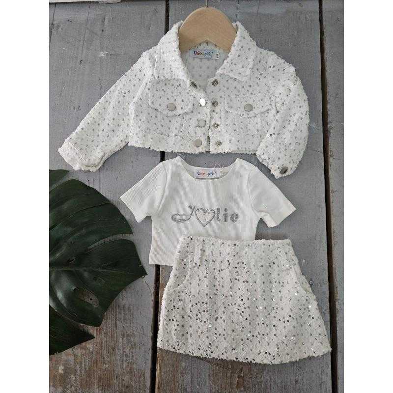 Lot de 5 – Ensemble 3 pièces veste texturée scintillante, haut et jupe