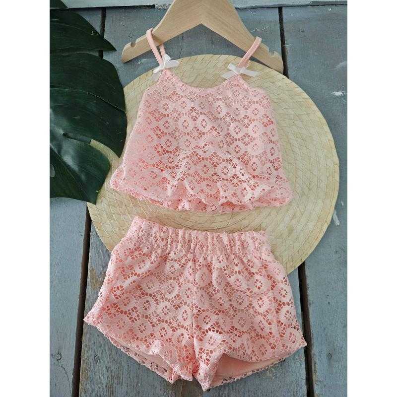 Set van 7 – 2-delige kanten set met spaghettibandjes top en shorts