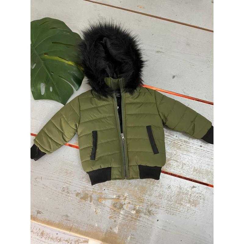 Lot de 6 – Doudoune kaki avec capuche en fausse fourrure et finitions contrastées