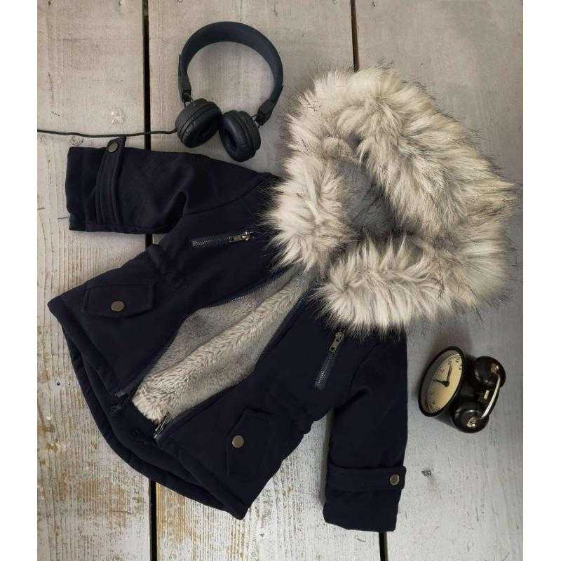 Lot de 6 – Manteau parka bleu marine avec doublure et capuche en fausse fourrure