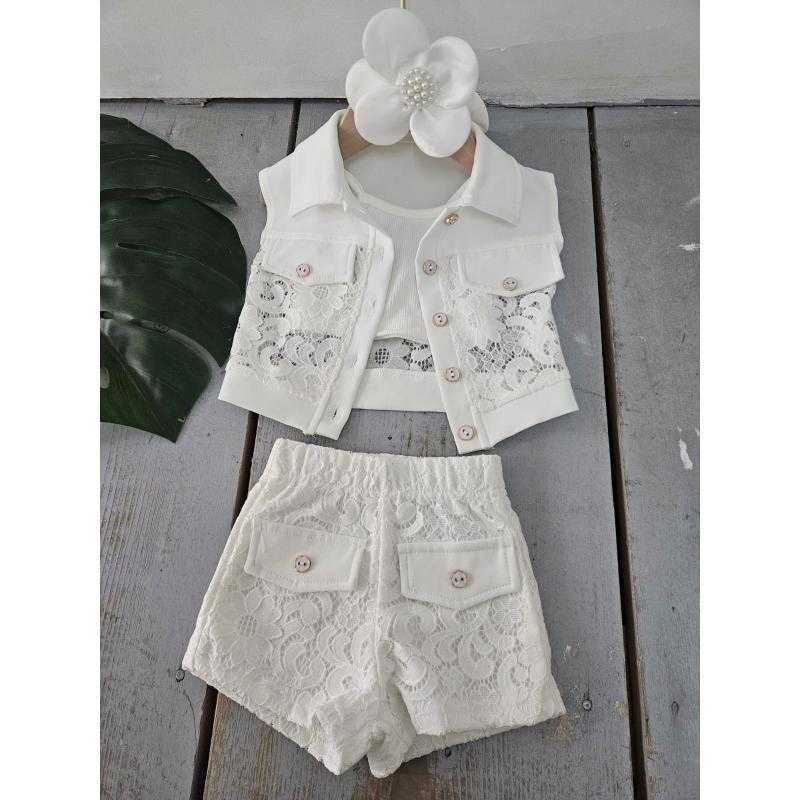 Pack of 6 – Three-Piece White Lace Outfit Set with Vest, Top, and Shorts