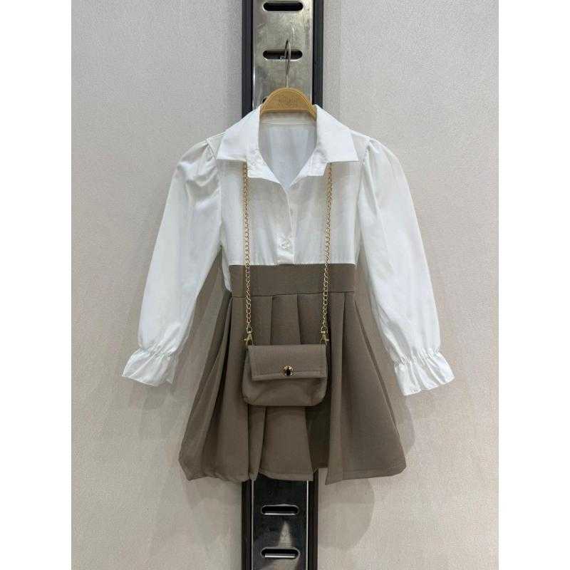 Lot de 6 – Robe chemise bicolore à manches longues avec jupe plissée et mini sac bandoulière