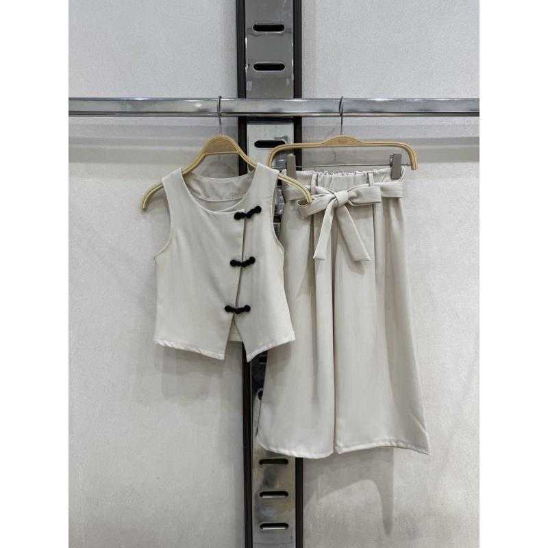 Lot de 6 – Ensemble sans manches uni avec boutons chinois et pantalon large à nouer