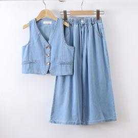 meisjes set mouwloos denim gilet wijde broek kinderkleding groothandel