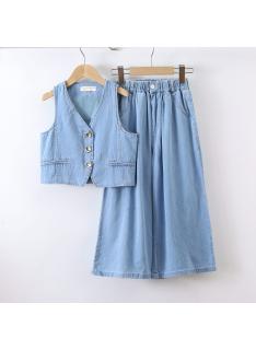 girls sleeveless denim vest wide leg pants set kids fashion wholesale