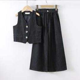 meisjes set mouwloos denim gilet wijde broek kinderkleding groothandel