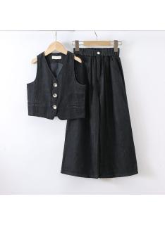 ensemble fille gilet denim sans manches pantalon large mode enfant grossiste
