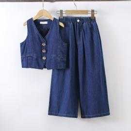 meisjes set mouwloos denim gilet wijde broek kinderkleding groothandel
