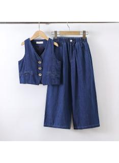meisjes set mouwloos denim gilet wijde broek kinderkleding groothandel