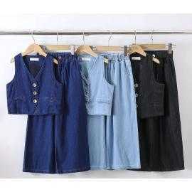 meisjes set mouwloos denim gilet wijde broek kinderkleding groothandel