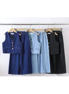 girls sleeveless denim vest wide leg pants set kids fashion wholesale