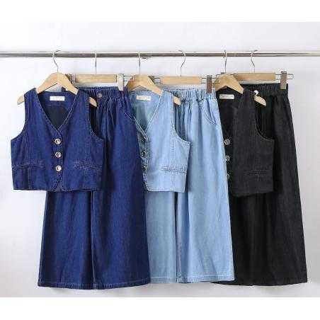 girls sleeveless denim vest wide leg pants set kids fashion wholesale