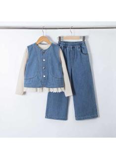 girls 3 piece denim vest wide leg pants set kids fashion wholesale