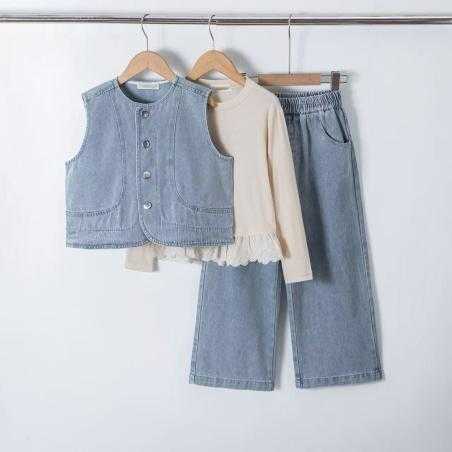 girls 3 piece denim vest wide leg pants set kids fashion wholesale