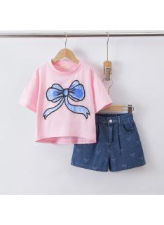 girls big bow denim shorts set kids fashion wholesale
