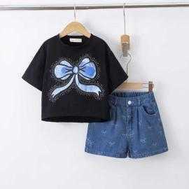 ensemble fille noeud short denim mode enfant grossiste