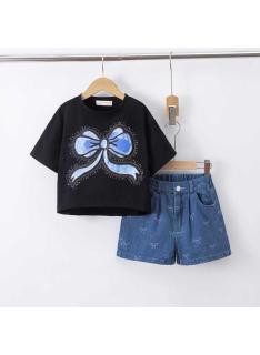 ensemble fille noeud short denim mode enfant grossiste