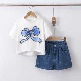 ensemble fille noeud short denim mode enfant grossiste