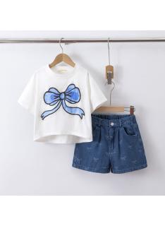 girls big bow denim shorts set kids fashion wholesale