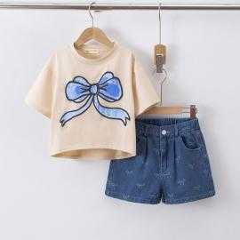 ensemble fille noeud short denim mode enfant grossiste