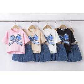 meisjes set grote strik denim short kinderkleding groothandel