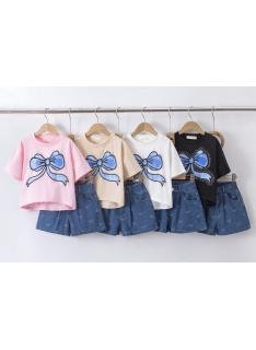 ensemble fille noeud short denim mode enfant grossiste