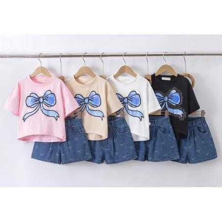 girls big bow denim shorts set kids fashion wholesale