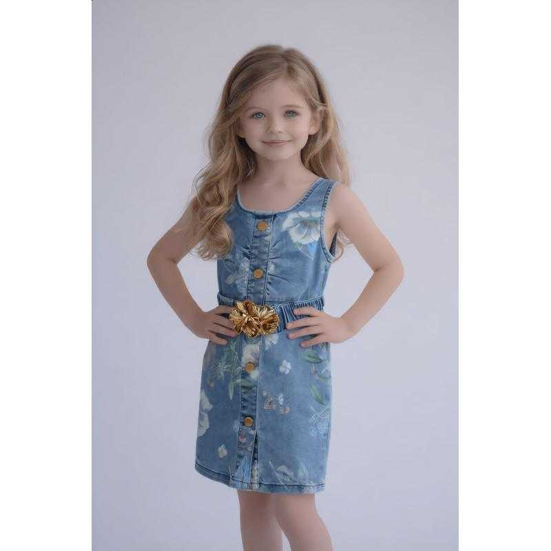 Set van 6 – Mouwloze denim jurk met bloemenprint en riem