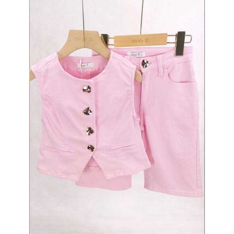 Pack of 6 – Two-Piece Denim Set with Sleeveless Heart-Button Vest and Bermuda Shorts