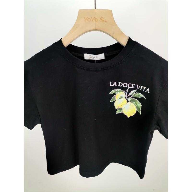 Set van 6 – Zwarte cropped T-shirt voor meisjes met citroenmotief en LA DOLCE VITA in strass-steentjes