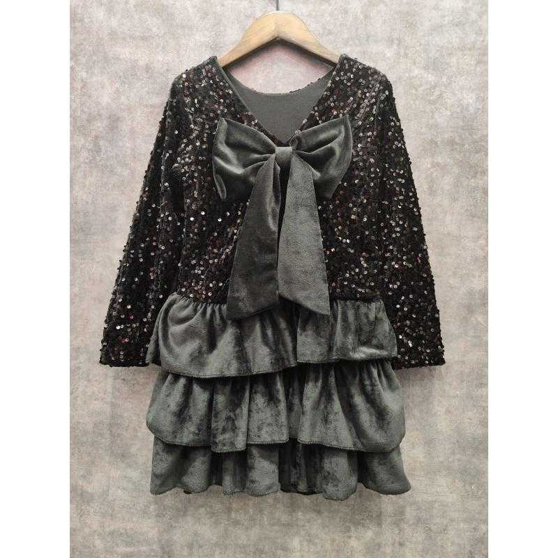 Lot de 6 – Robe patineuse à sequins et volants en velours