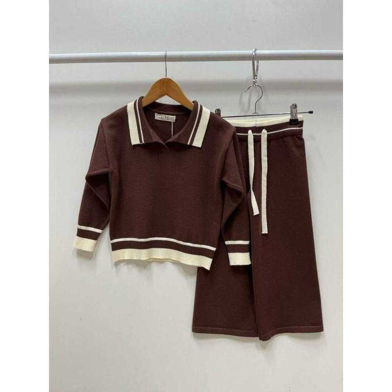 Pack of 6 – Knit 2-piece set with contrast collar polo top and wide-leg pants