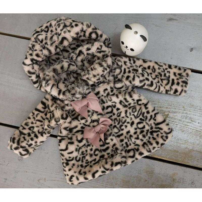 Pack of 7 – Kid's Hooded Leopard Print Faux Fur Coat with Bow Details