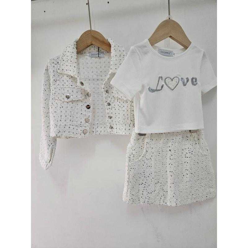 Lot de 6 – Ensemble trois pièces veste et jupe à paillettes avec t-shirt