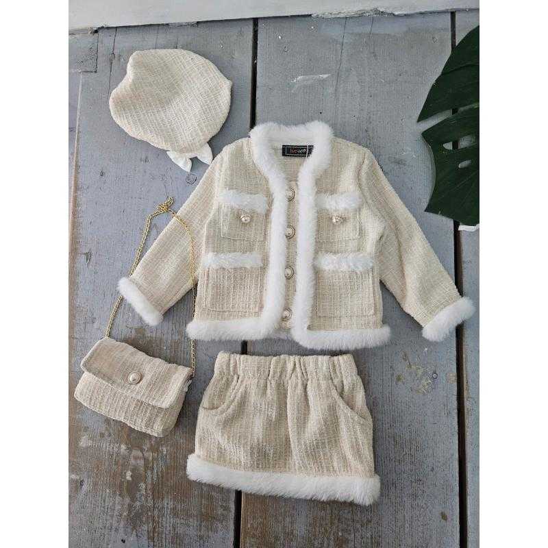 Pack of 7 – Tweed Faux Fur Four-Piece Set with Skirt, Bag, and Beret