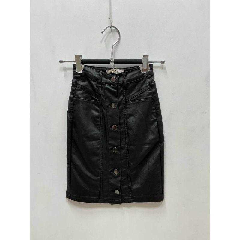 Set van 6 – Coated denim kokerrok met knopenrij en leereffect