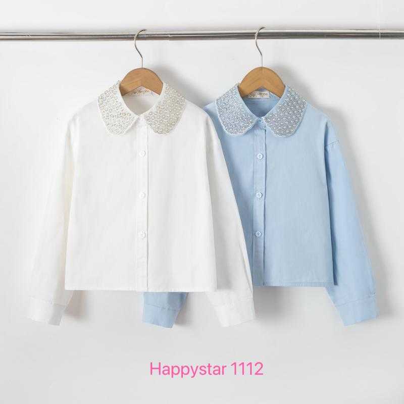 Set van 6 – Katoenen longsleeve blouse met ronde parelkraag