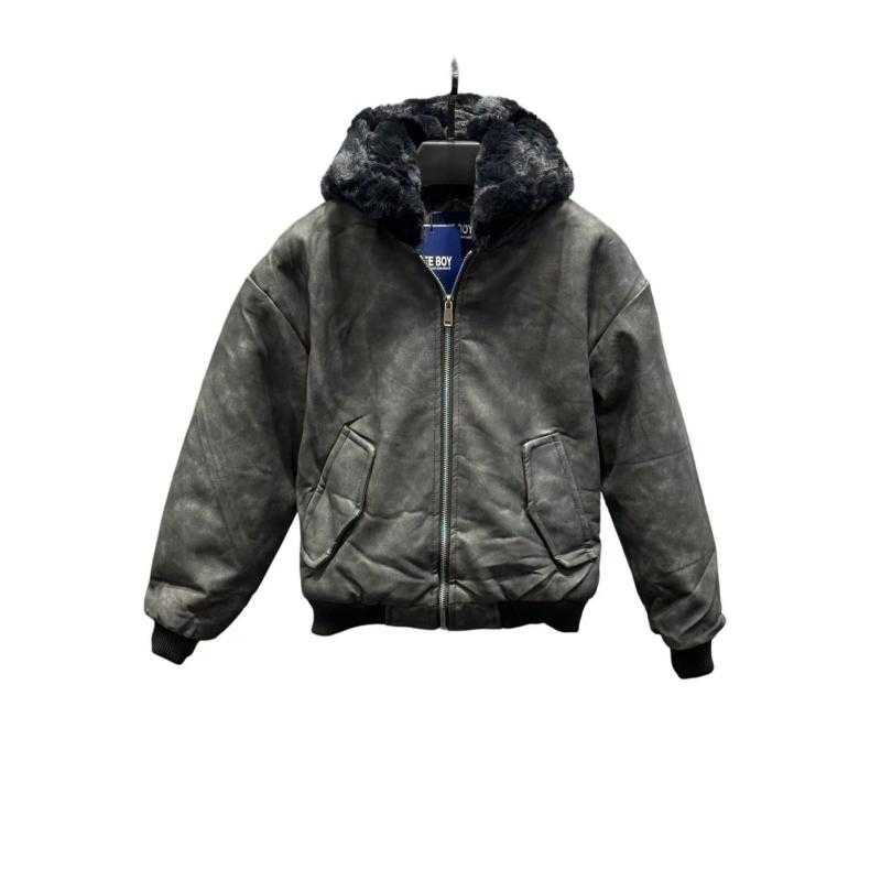 Lot de 6 – Blouson aviateur à capuche doublée fausse fourrure et effet suédé délavé