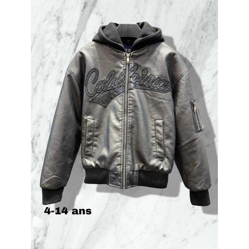 Pack of 6 – Hooded Leather-Look Bomber Jacket with "California" Chest Embroidery