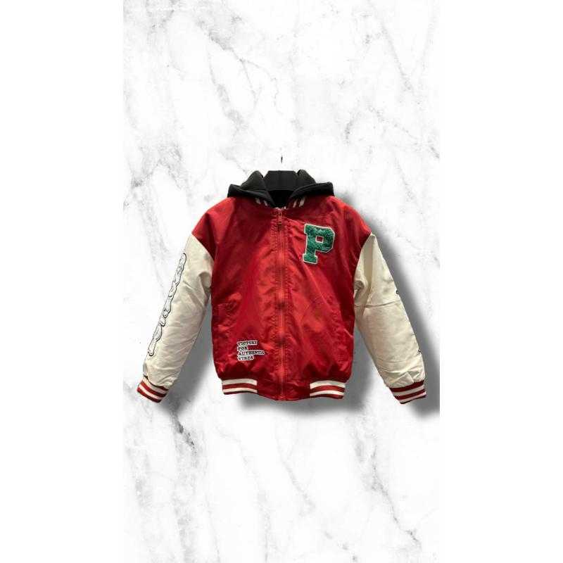 Set van 6 – Rood-crème rits-up teddy jacket met capuchon en "P" handdoek-applicatie