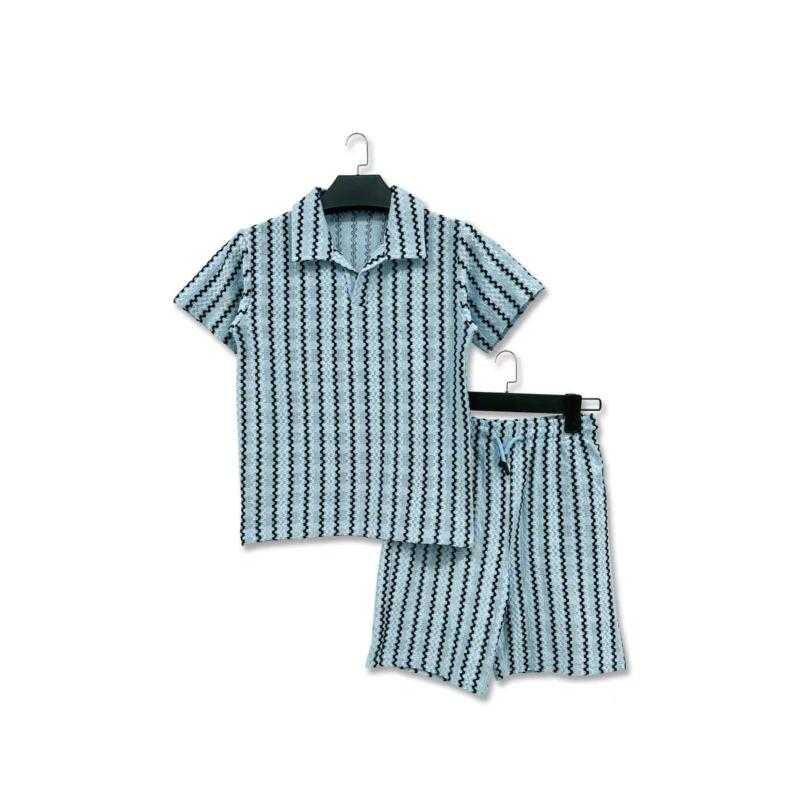 Lot de 6 – Ensemble 2 pièces polo texturé ajouré et short assorti à rayures verticales